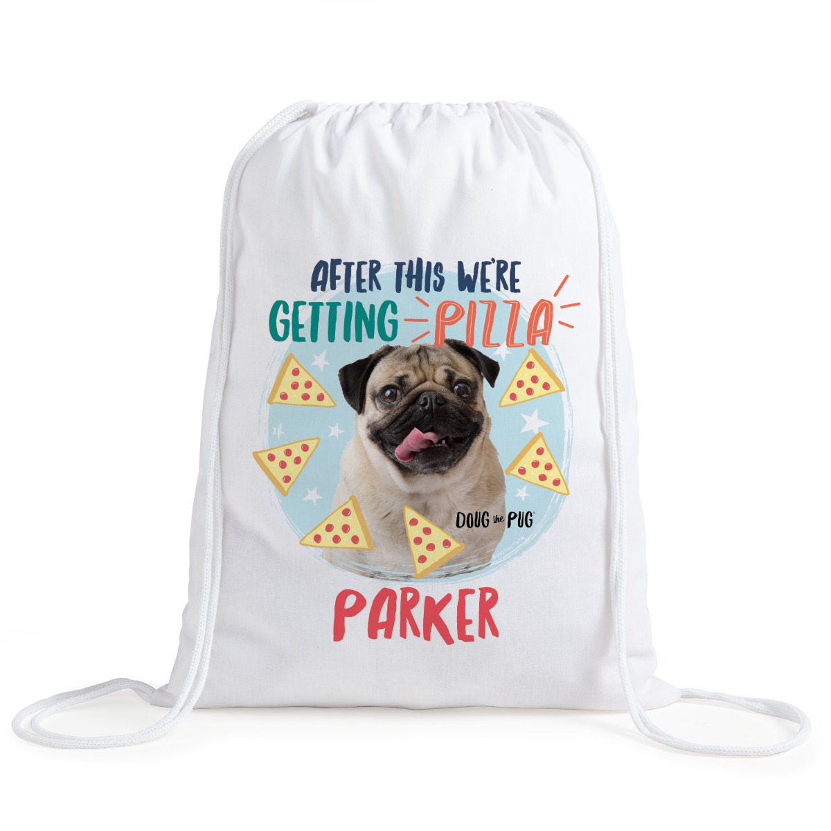 Doug The Pug Getting Pizza Personalized Drawstring Bag
