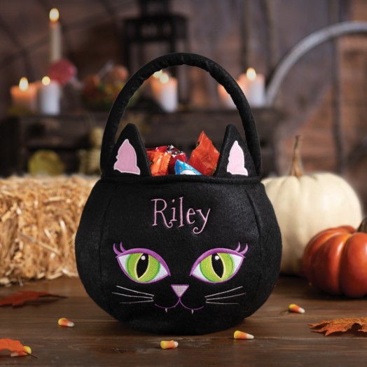 Cute Personalized Black Cat Halloween Basket