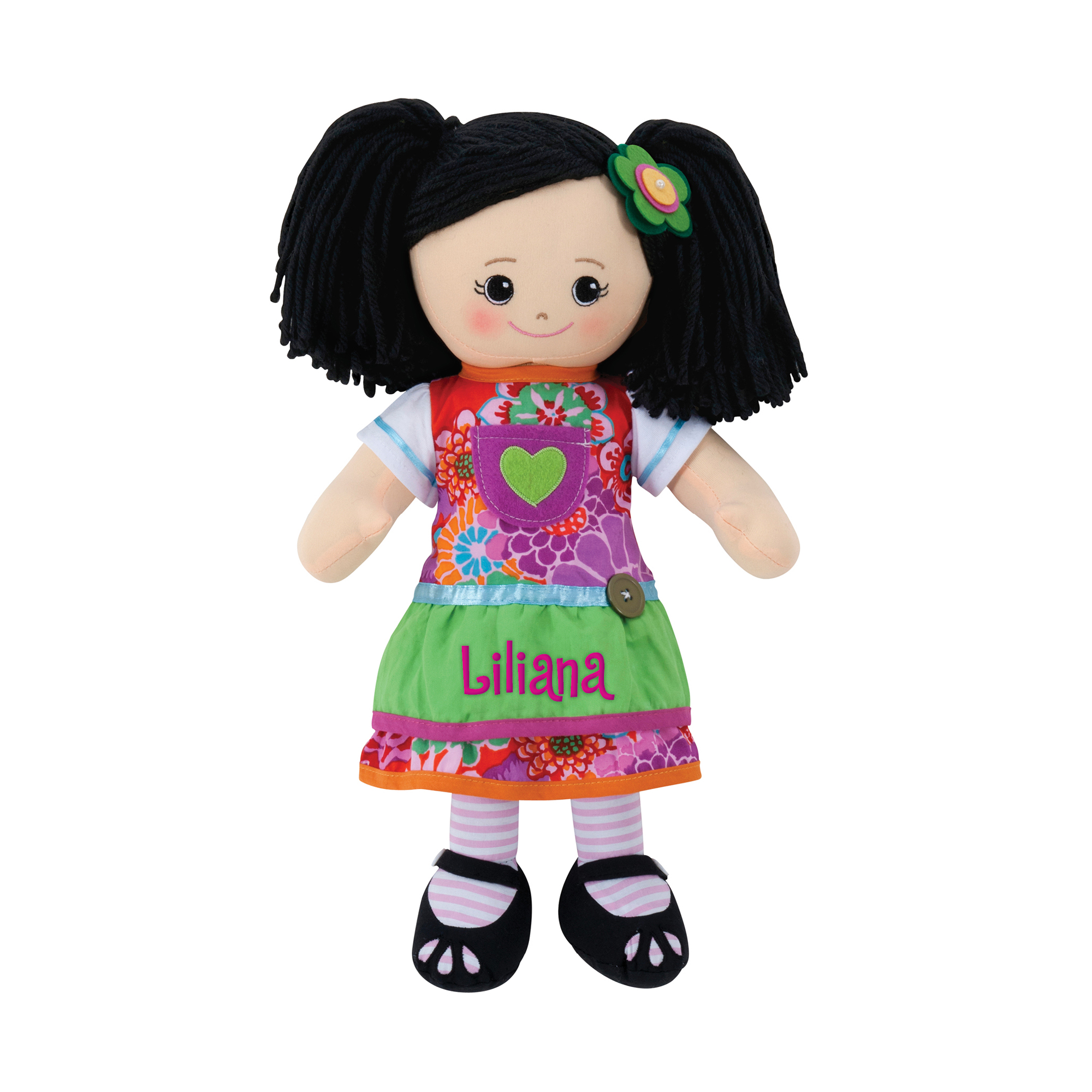 Personalized Asian Doll with Green Apron Dress and Hair Clip