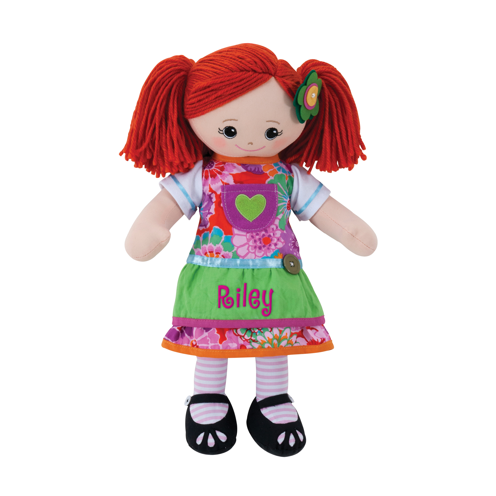 Personalized Red Head Doll with Green Apron and Hair Clip