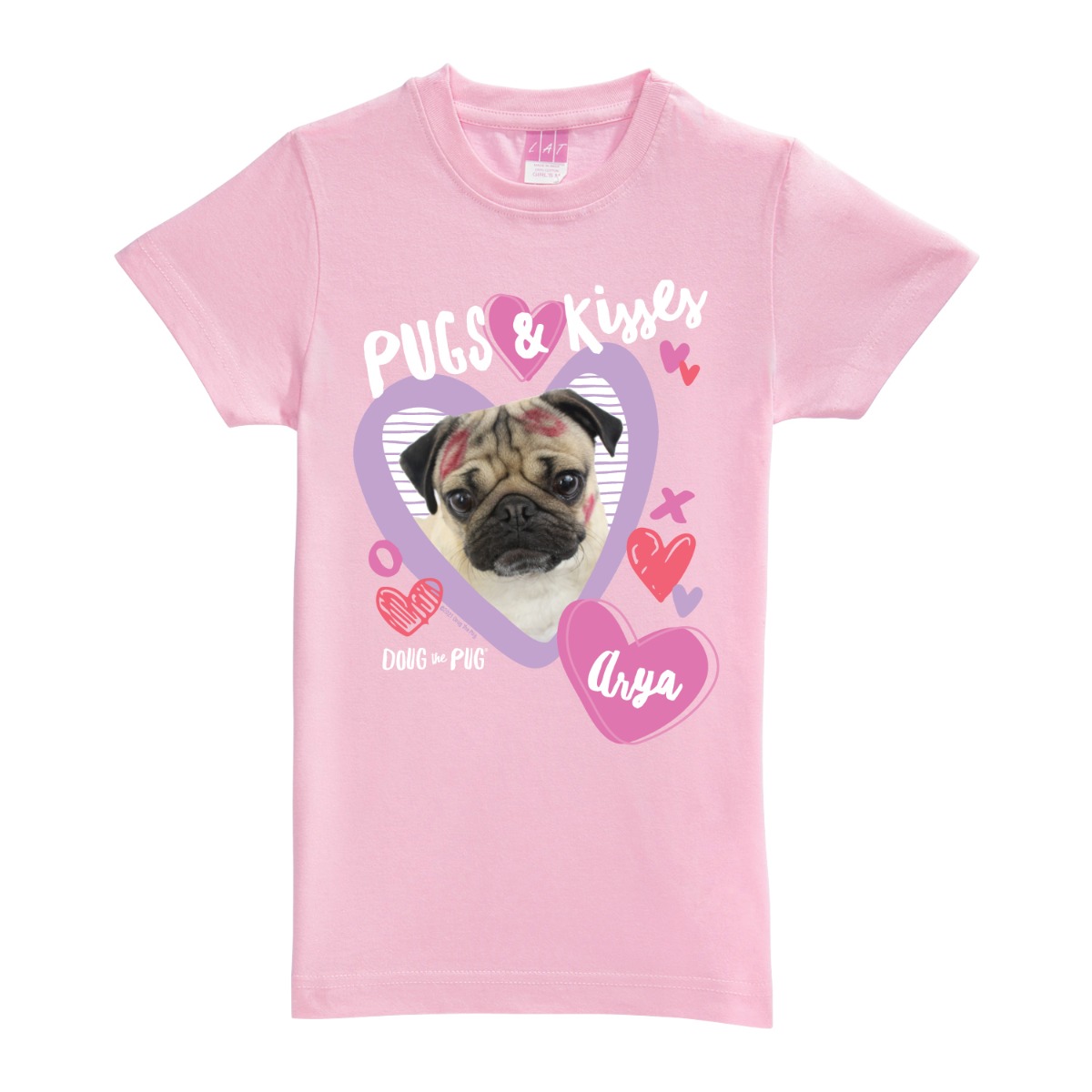 Doug The Pug Personalized Pugs and Kisses Pink Fitted Tee