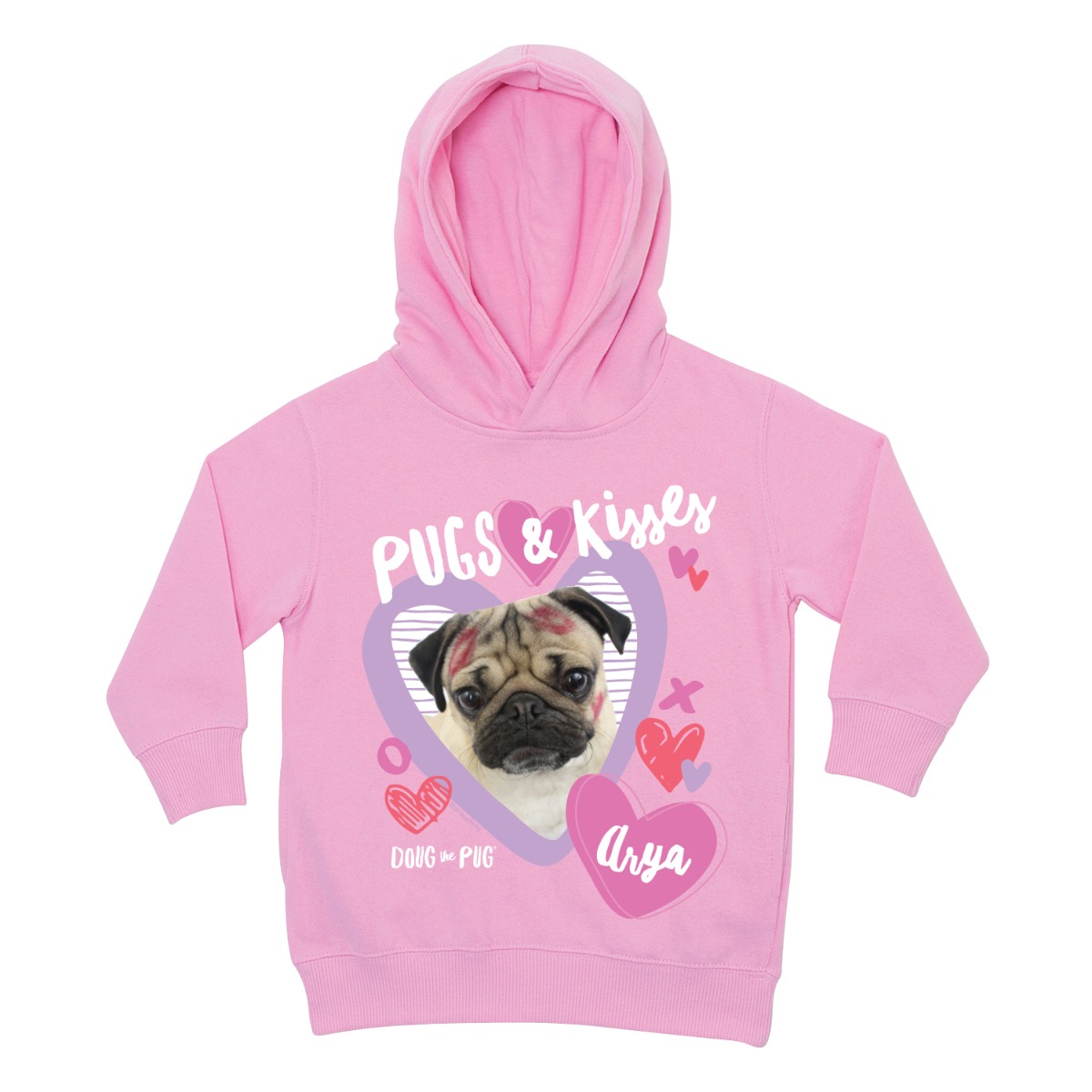 Doug The Pug Personalized Pugs and Kisses Pink Hoodie